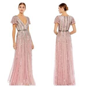 Mac Duggal Stripe Lined Sequin V-Neck Gown Rose Pink Size 4 NWT